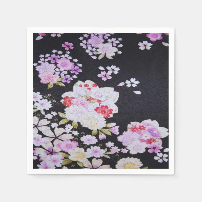 Black White Japanese Kimono Floral Decoupage Paper Napkin (Front)