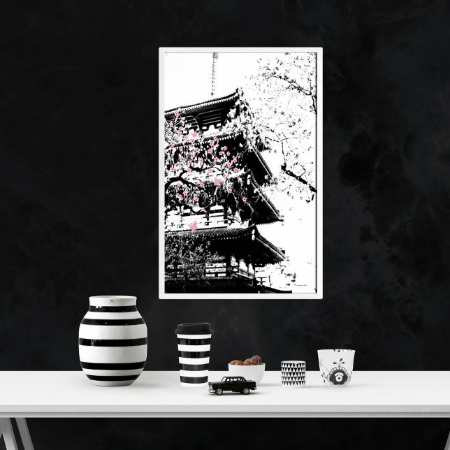 Black/White Japanese Pagoda w/ Cherry Blossoms Poster (Creator Uploaded)