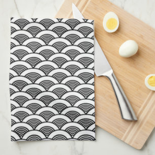 Black White Japanese Wave Pattern Tea Towel