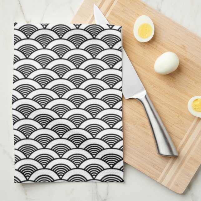 Black White Japanese Wave Pattern Tea Towel (Quarter Fold)