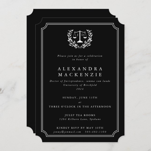 Black/White JD Scales + Laurel Wreath Graduation Invitation (Front/Back)