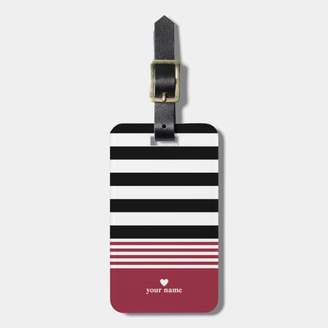Black, White & Jester Red Striped Personalised Luggage Tag (Front Vertical)