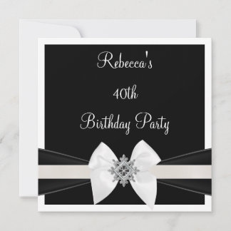 Black White Jewel Bow 40th Elegant Birthday Party Invitation