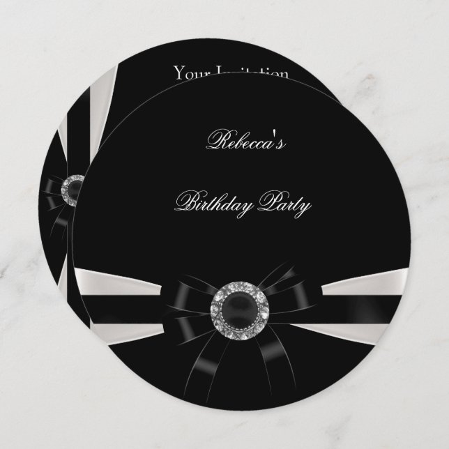 Black White Jewel Bow Birthday Silver Sepia Invitation (Front/Back)