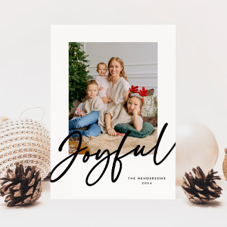 Black White Joyful Script Photo Holiday Card