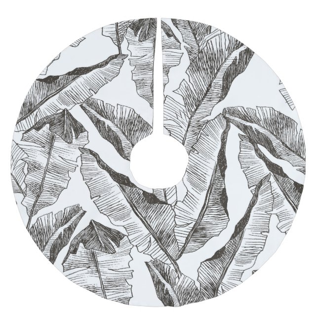 Black White Jungle: Tropical Plant Pattern Brushed Polyester Tree Skirt (Front)
