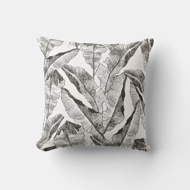 Black White Jungle: Tropical Plant Pattern Cushion (Front)