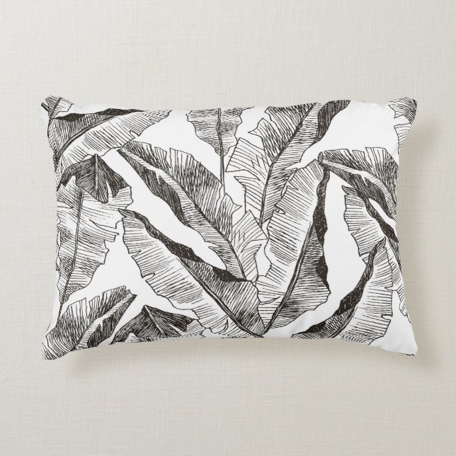 Black White Jungle: Tropical Plant Pattern Decorative Cushion (Front)