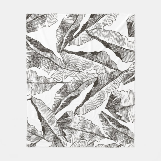 Black White Jungle: Tropical Plant Pattern Fleece Blanket (Front)