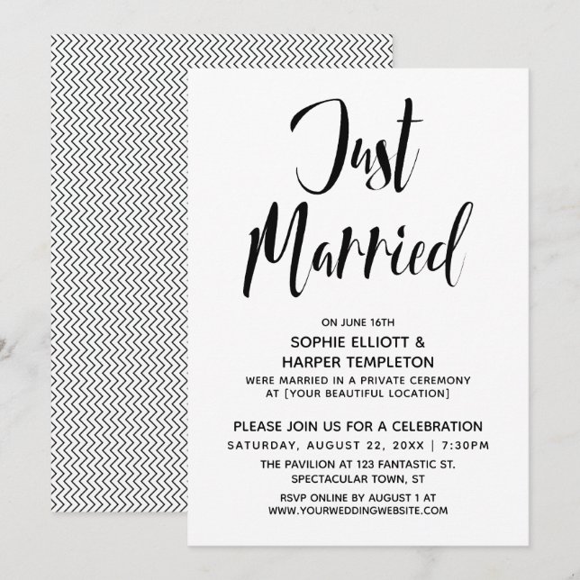Black & White Just Married Typography Reception Invitation (Front/Back)
