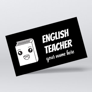Black & White Kawaii Book Cute English Teacher ESL Business Card