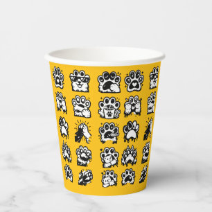 Black White Kawaii Paw Emotions Grid Paper Cups