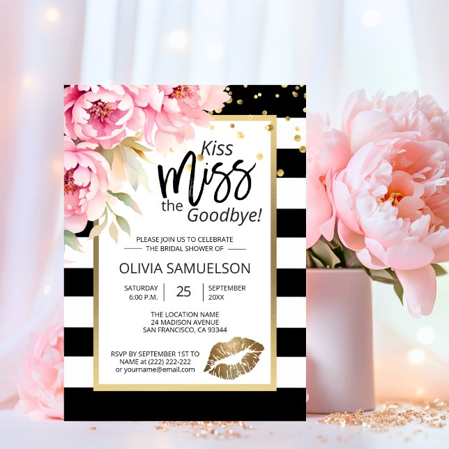 Black White Kiss the Miss Floral Bridal Shower Invitation (Kiss the Miss Goodbye Floral Bridal Shower Invitation)