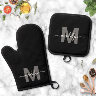 Black White Kitchen Name Monogram Oven Mitt & Pot Holder Set