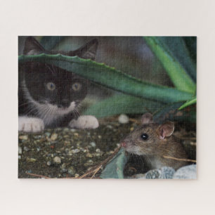Black & White Kitten with Mouse Jigsaw Puzzle