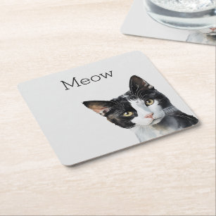 Black White Kitty Cat Square Paper Coaster