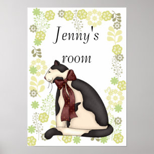 Black & White Kitty Cat w/Floral Border Poster