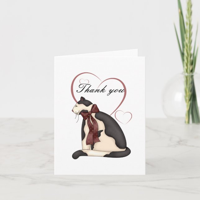 Black & White Kitty Cat w/Hearts Thank You Card (Front)