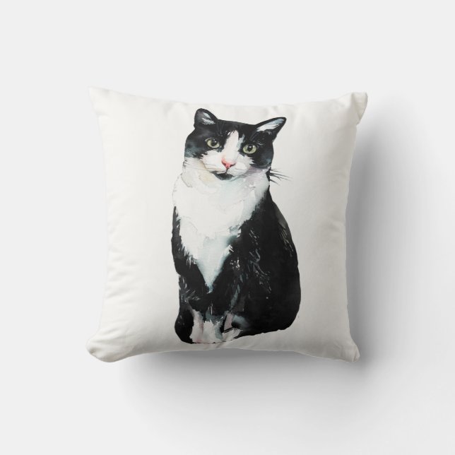 Black & White Kitty Cat Watercolor Cushion (Front)