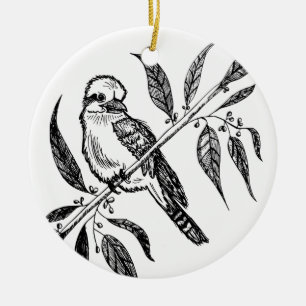 Black & White Kookaburra on Branch Drawing Ceramic Tree Decoration