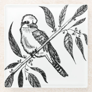 Black & White Kookaburra on Branch Drawing Glass Coaster