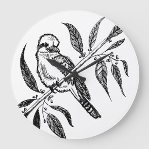 Black & White Kookaburra on Branch Drawing Large Clock