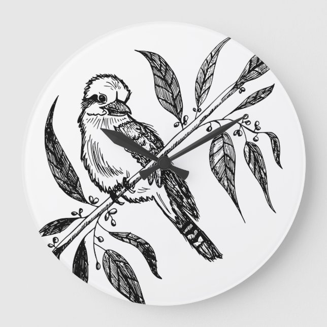 Black & White Kookaburra on Branch Drawing Large Clock (Front)