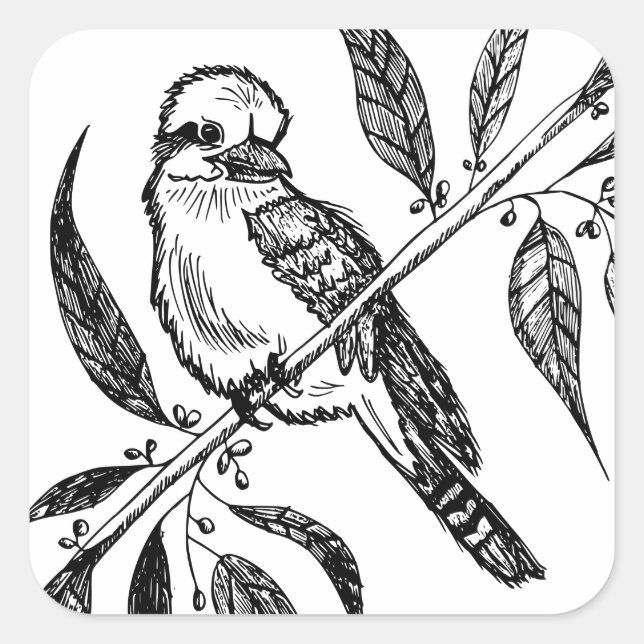 Black & White Kookaburra on Branch Drawing Square Sticker (Front)