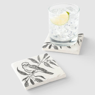 Black & White Kookaburra on Branch Drawing Stone Coaster