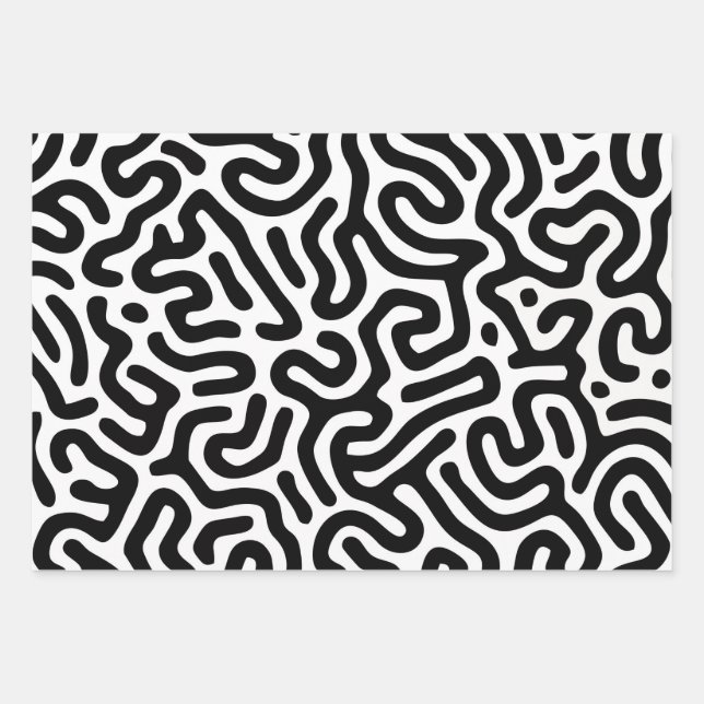 black white labyrinth pattern line decorative mode wrapping paper sheet (Front)