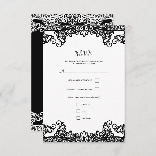 Black & White Lace Elegant Wedding RSVP (Front/Back)