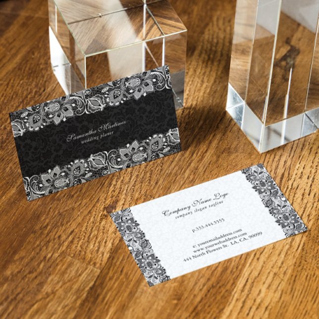 Black white lace floral damask wedding planner business card (Creator Uploaded)