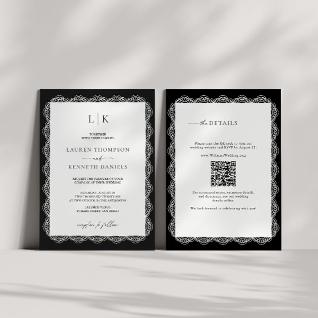 Black White Lace Frame Monogram QR Code Wedding Invitation (Creator Uploaded)