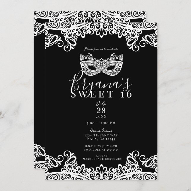 Black & White Lace Masquerade Sweet 16 Party  Invitation (Front/Back)