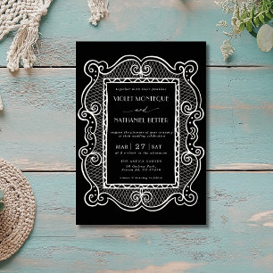 Black & White Lace Old Money Vintage Wedding Invitation