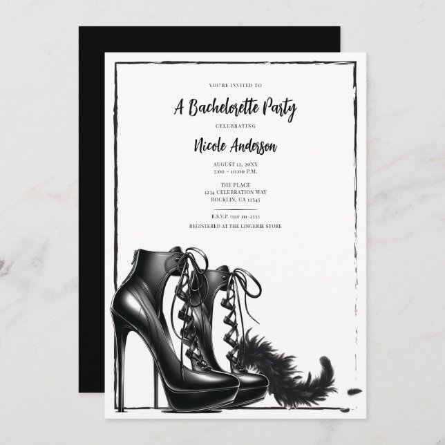 Black White Lace Up High Heels Boa Bachelorette  Invitation (Front/Back)