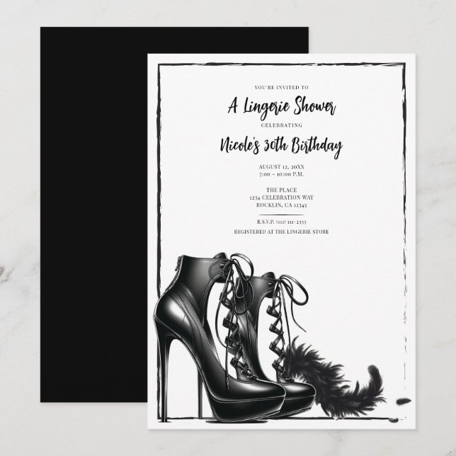 Black White Lace Up High Heels Boa Lingerie Shower Invitation (Front/Back)