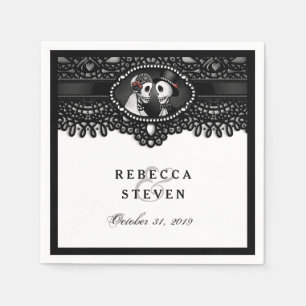 Black & White Lace Wedding Skeleton with Names Napkin