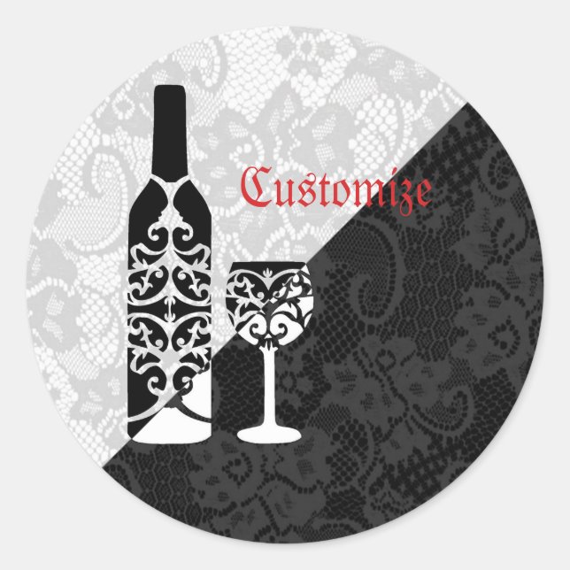 Black & White Lace Wine Bottle Stickers (Front)