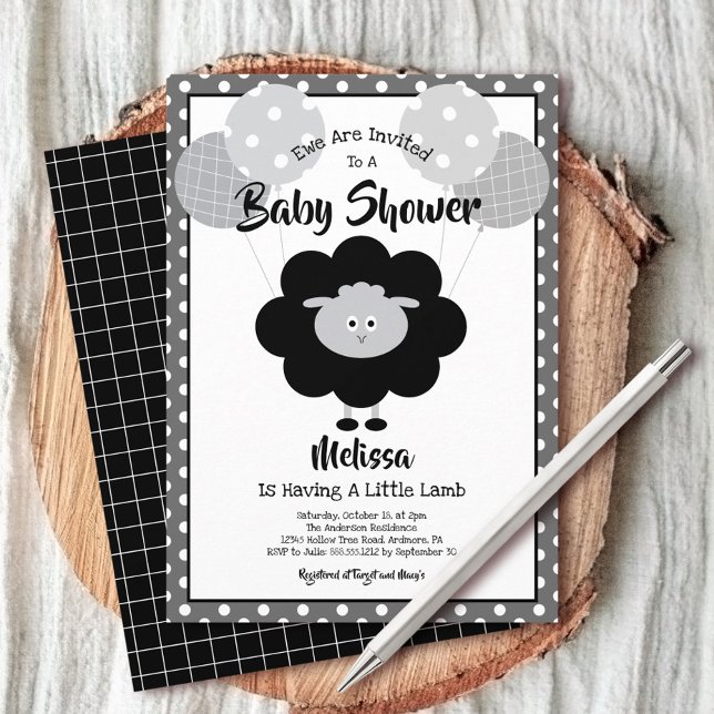 Black White Lamb Baby Shower Cute Simple Modern Invitation (Creator Uploaded)