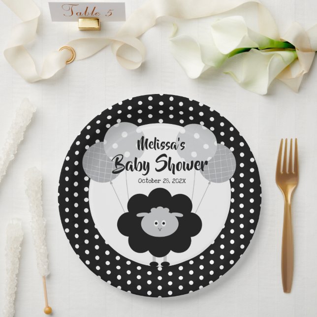 Black White Lamb Cute Sweet Modern Baby Shower Paper Plate (Wedding)