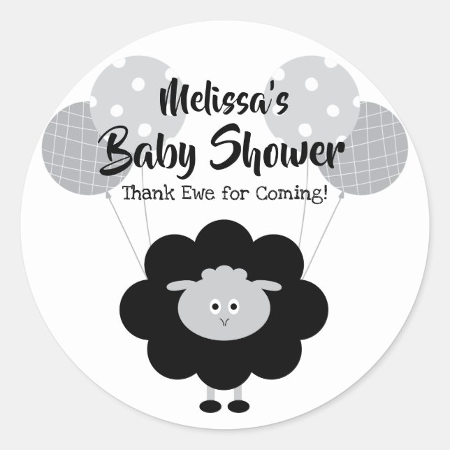 Black White Lamb Sweet Baby Shower Thank You Name Classic Round Sticker (Front)