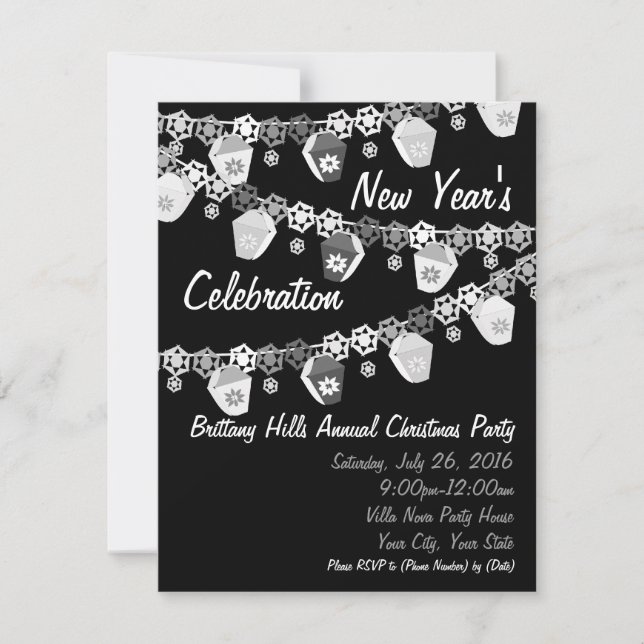 Black+White Lanterns New Year's Party Invitation (Front)