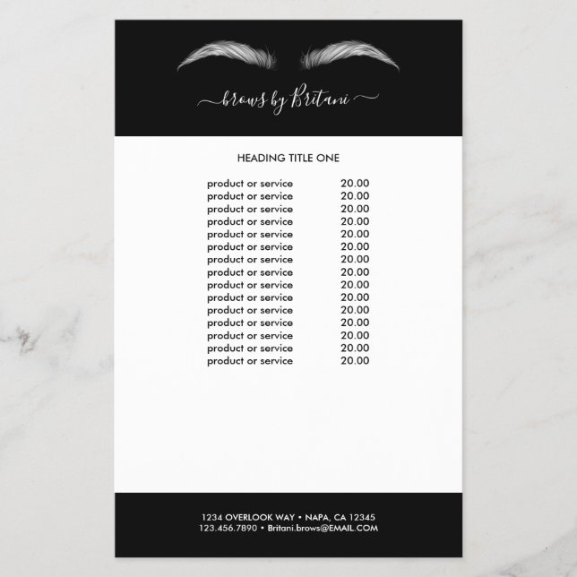 Black & white Lashes & Brows Pricing & Services  Flyer (Front)