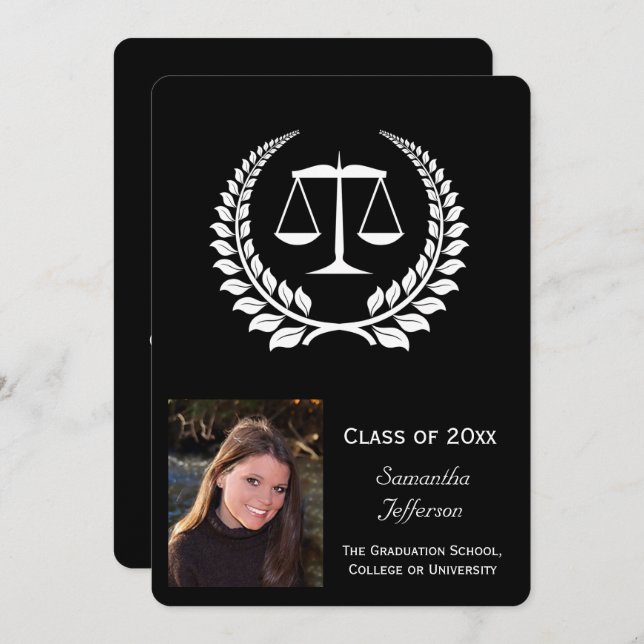 Black/White Laurel Law School Graduation Invitation (Front/Back)