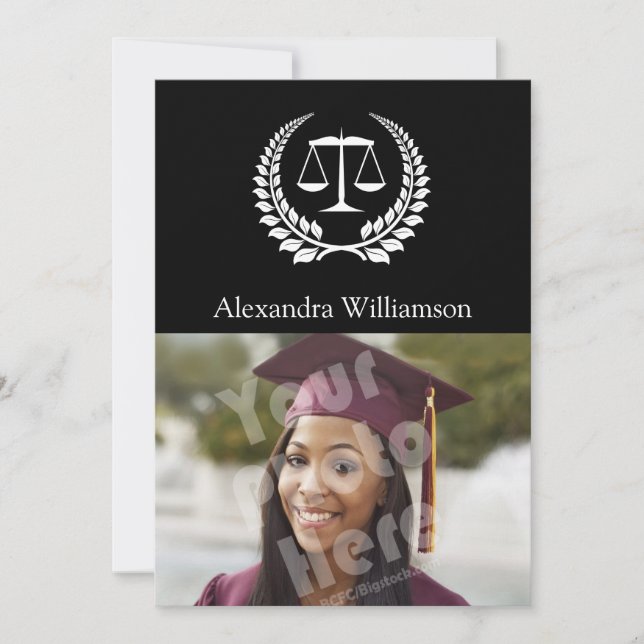 Black/White Laurel Law School Graduation Invitation (Front)