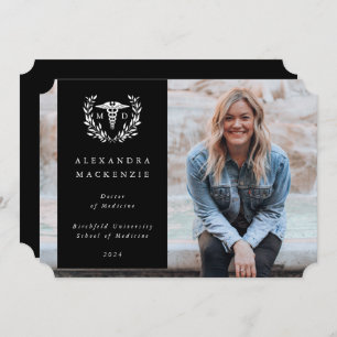 Black + White Laurel Wreath Medical Degree Photo Announcement