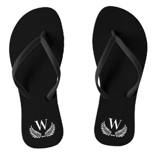 Black white laurel wreath monogram initial letter jandals