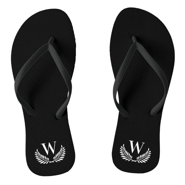 Black white laurel wreath monogram initial letter jandals (Footbed)