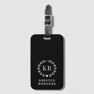Black White Laurel Wreath Monogram Initial Letter Luggage Tag